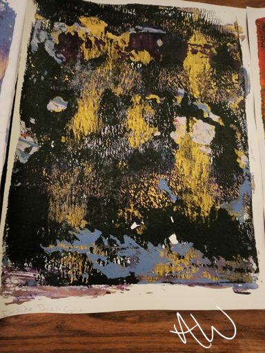 Abstract painting with bold yellow, blue, and black textures and layers.