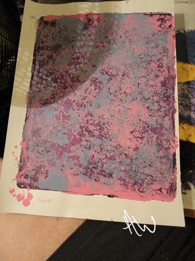 Abstract pattern with purple and pink textures on a light background.
